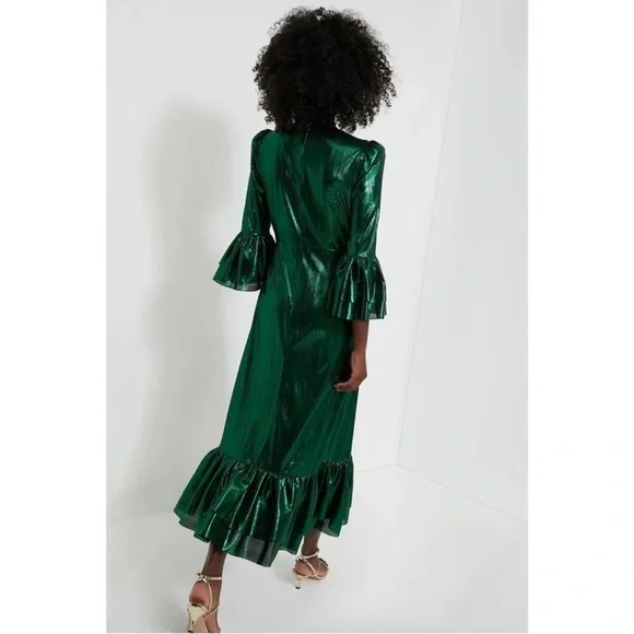 NWT Pomander Place Emerald Crinkle Lurex Midi Dress Size L Holiday Wedding Party - Picture 6 of 9